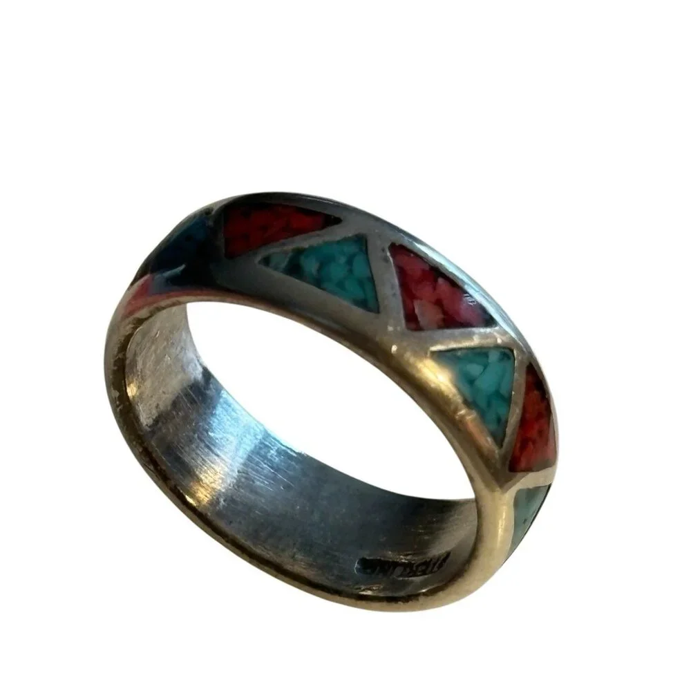 Navajo Chip Inlay Ring 925 Silver Turquoise‎ & Coral Ted Ott Size 7.5 Vintage